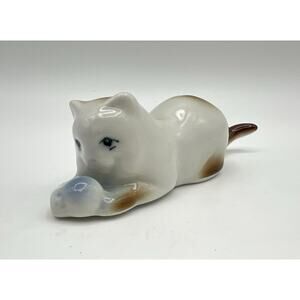 Vintage Zsolnay Porcelain Cat Playing With Ball Figurine Hand Painted Hungarian